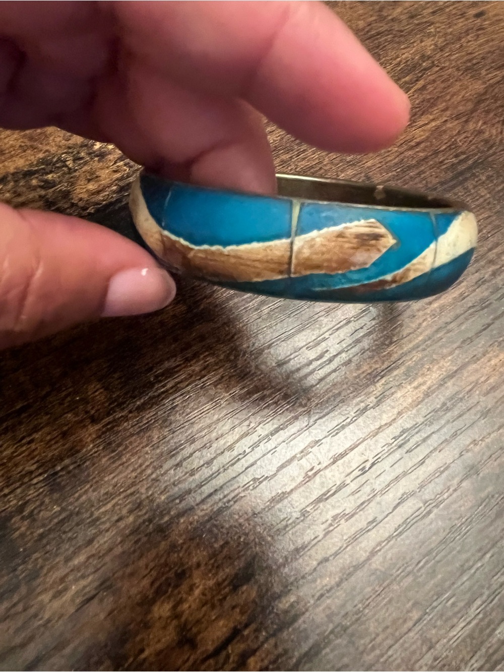 Vintage Bracelet Bangle Hand Painted Inlayed Teal Blue Cuff Bohemian High End 3”